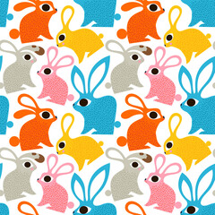 Fototapeta na wymiar Easter rabbit color retro animal seamless pattern