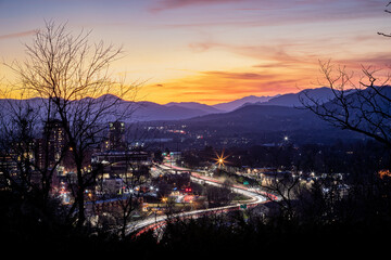 Downtown Asheville at dusk and with a beautiful sunset in winter