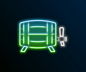 Glowing neon line Wooden barrel icon isolated on black background. Alcohol barrel, drink container, wooden keg for beer, whiskey, wine. Colorful outline concept. Vector