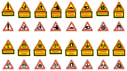 Set of Triangle Hazard Warning Signs 2 - With editable text boxes or isolated icons - Non official - Cartoon Calligraphic Handwritten Style