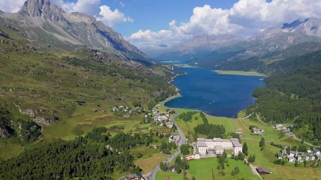 Aerial 4K, Bregaglia valley, Switzerland, Maloja Pass, view from the Maloja pass towards the east