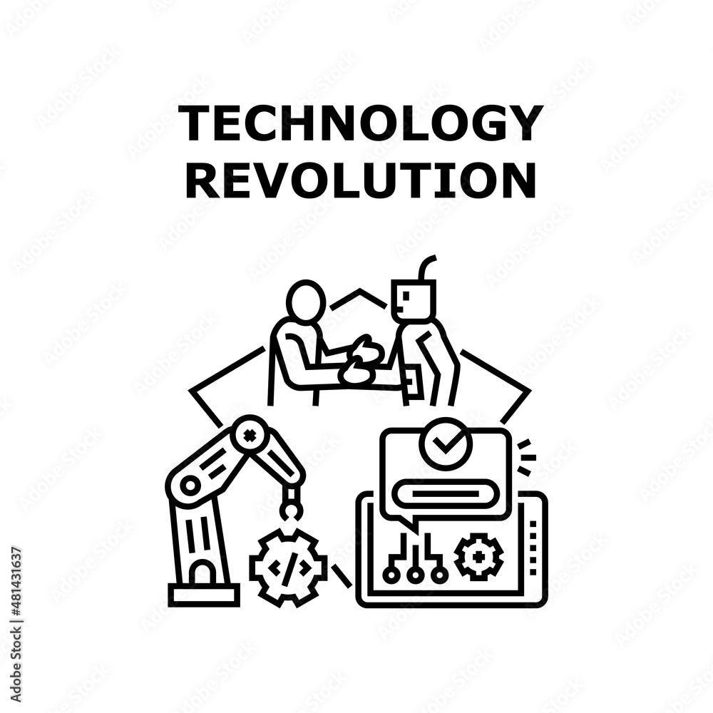 Poster technology revolution concept industry. digital robot. data science. factory smart hand vector conce