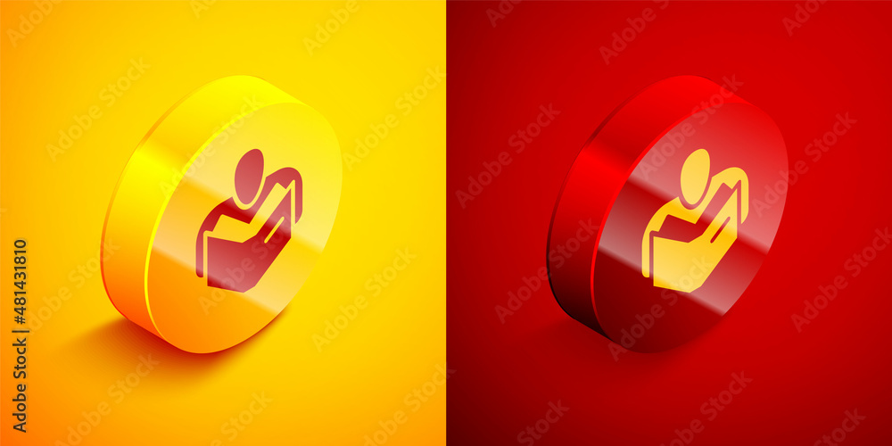 Poster isometric man reading book icon isolated on orange and red background. circle button. vector