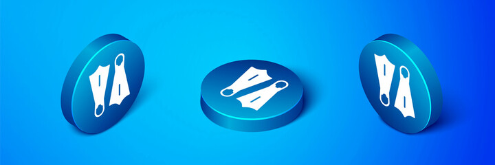 Isometric Rubber flippers for swimming icon isolated on blue background. Diving equipment. Extreme sport. Sport equipment. Blue circle button. Vector © Kostiantyn