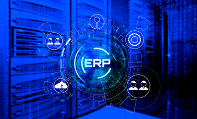 3D render HUD interface is an ERP system concept with a holographic interface on the background of data center computers. concept of information technology and business automation