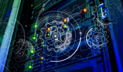 3D render digital control and computing system in data center, HUD hologram on top of data center supercomputers