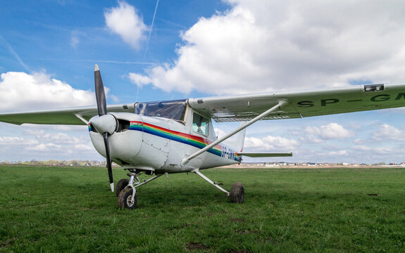 Cessna 152 at the small Aeroklub Krakowski Lotnisko Pobiednik Wielki EPKP Airport near Kraków on April 8, 2017 in Pobiednik, Poland.