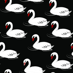 Swan, birds vector seamless pattern isolated on dark backgrpund. Concept for wallpapers, cards, textile, print