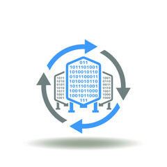 Vector illustration of silo elevator with digital number 1 0 and round arrows. Icon of information silo. Symbol of data silos. Smart innovative agriculture technology sign. © wladimir1804