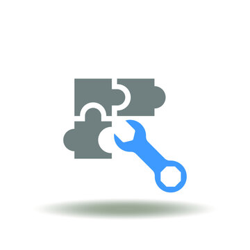 Vector Illustration Of Puzzle Pieces With Wrench. Icon Of Inefficiency Solution. Symbol Of Repair, Engineering. Creative Work Sign. Research And Development.