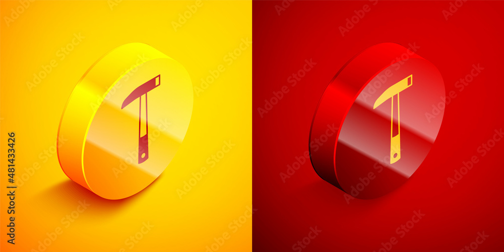 Poster isometric firefighter axe icon isolated on orange and red background. fire axe. circle button. vecto