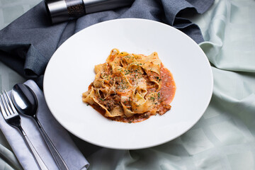 Pasta bolognese, Italian pasta bolognese, on a gray background