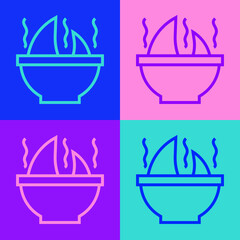 Pop art line Shark fin soup icon isolated on color background. Vector