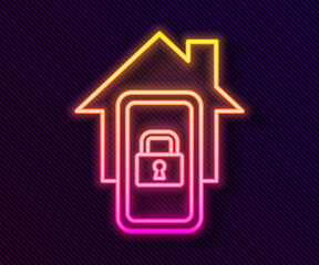 Glowing neon line Mobile phone with smart home icon isolated on black background. Remote control. Vector