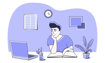 The character is distracted by social media while working.  Does several things at the same time. Reads a book and sits on the Internet. Vector. A simple cartoon drawing. Graphics. Whimsical style.
