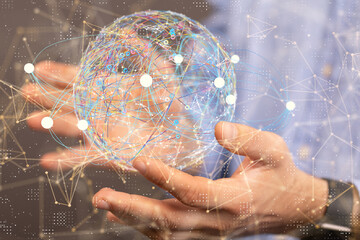 Global network. Blockchain. 3D illustration. Neural networks and artificial intelligence. Abstract