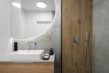 Modern bathroom with wooden style tiles - obrazy, fototapety, plakaty