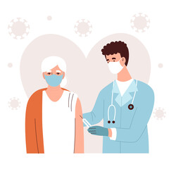 The doctor gives the vaccine to an elderly woman. Vaccination and health care for the elderly during the coronavirus pandemic, antiviral medicine. Flat vector illustration