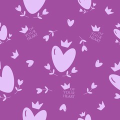 Seamless pattern with hearts, crowns, flowers in heart shape and title queen of your heart. Vector flat illustration