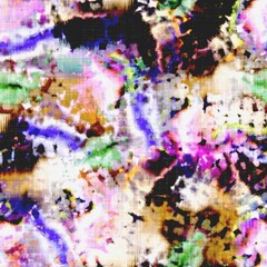 Messy summer tie dye batik beach wear pattern. Seamless colorful stain space dyed effect fashion. Washed out soft furnishing background. 