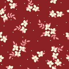 Beautiful vintage pattern. White flowers and dots. Pink  leaves. Maroon background. Floral seamless background. An elegant template for fashionable prints.