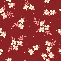Selbstklebende Fototapete Bordeaux Schönes Vintage-Muster. Weiße Blumen und Punkte. Rosa Blätter. Kastanienbrauner Hintergrund. Nahtloser mit Blumenhintergrund. Eine elegante Vorlage für modische Drucke.
