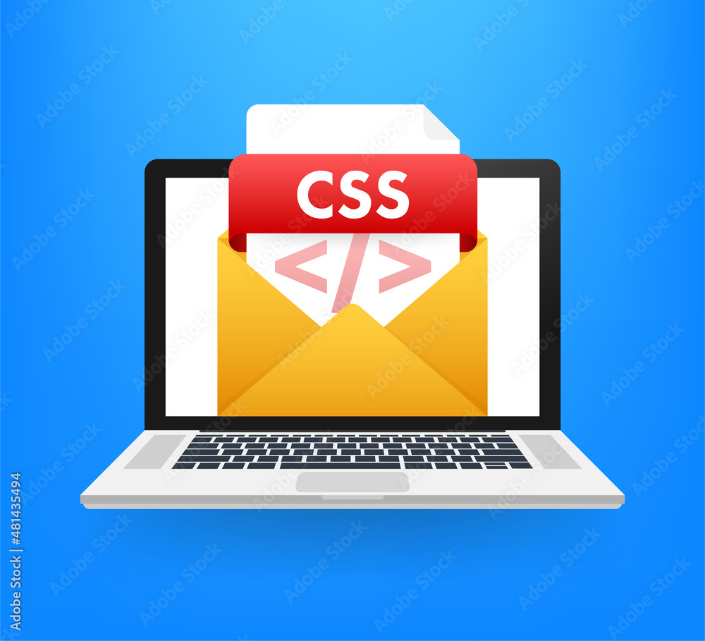 Poster download css button on laptop screen. downloading document concept. file with css label and down arr