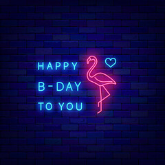 Happy Birthday to you neon label. Minimal style. Pink flamingo. Shiny greeting card with text. Vector illustration