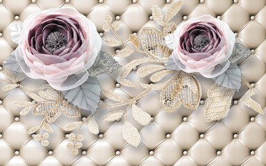 3d wallpaper pink jewelry flowers with golden branches on leather background