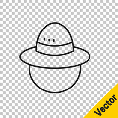 Black line Camping hat icon isolated on transparent background. Beach hat panama. Explorer travelers hat for hunting, hiking, tourism. Vector