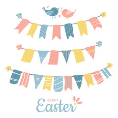 Happy easter bunting for holiday decoration. Hand drawn flags, colored doodles. Couple of spring birds in love. Happy Easter Lettering. Templates for scrapbooking. Vector illustration