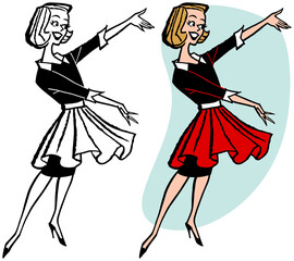 A vintage retro cartoon of a woman in an apron presenting something to the right. 