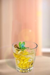 Tasty alcohol cocktail with gin, bitter and vermouth; in a luxury elegant home, homemade drink