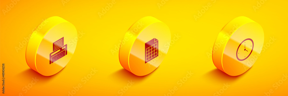 Poster set isometric printer, file document and clock icon. vector