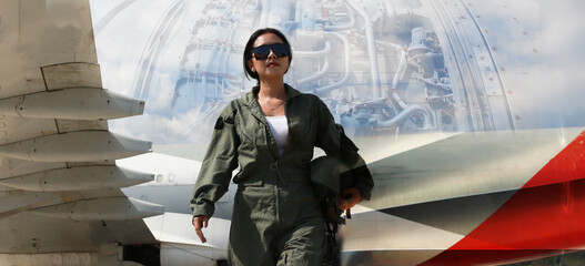 Smart Femal soldier walk at front of air plain © naraichal