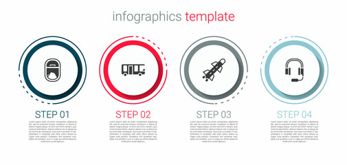Set Airplane window, Airport bus, Rocket and Headphones with microphone. Business infographic template. Vector