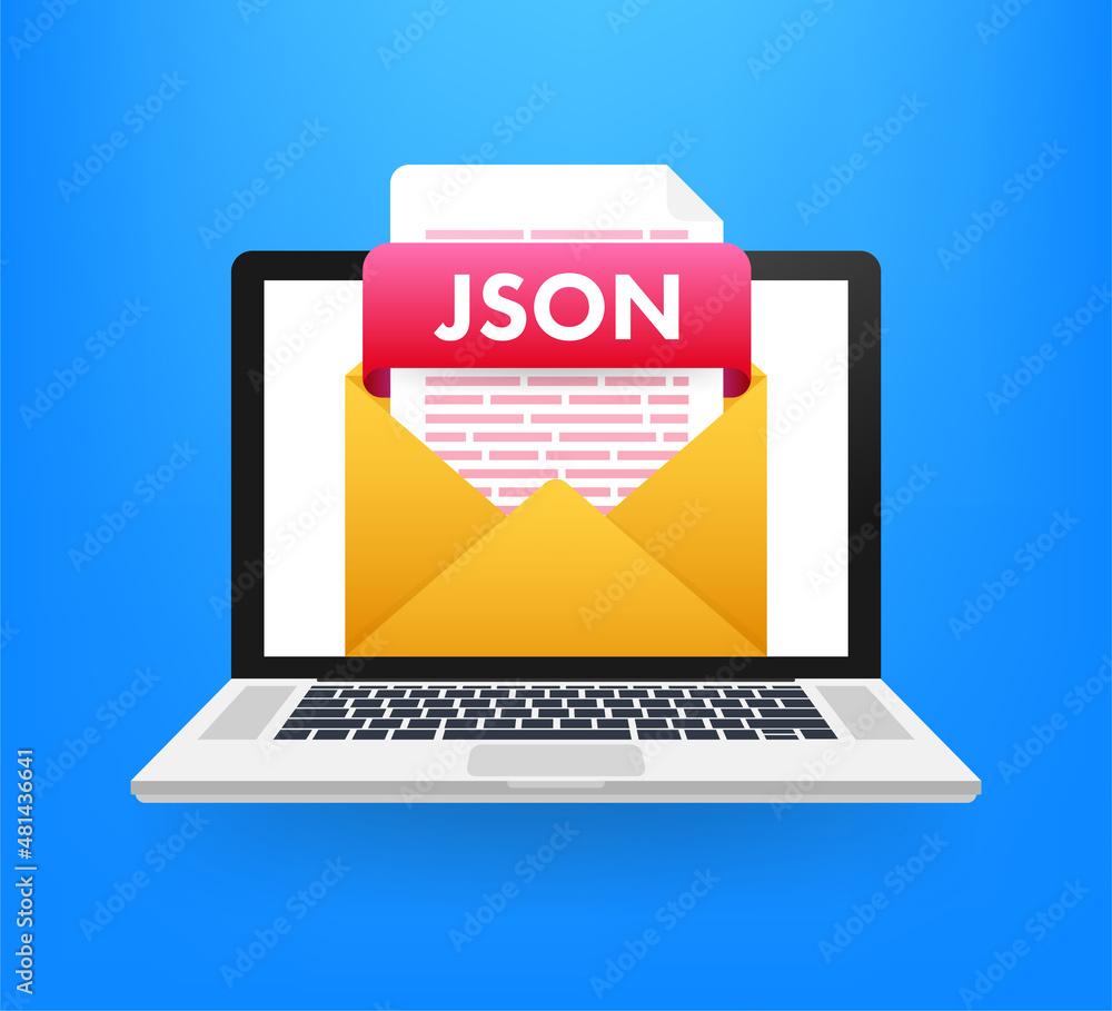 Poster download json button. downloading document concept. file with json label and down arrow sign. vector