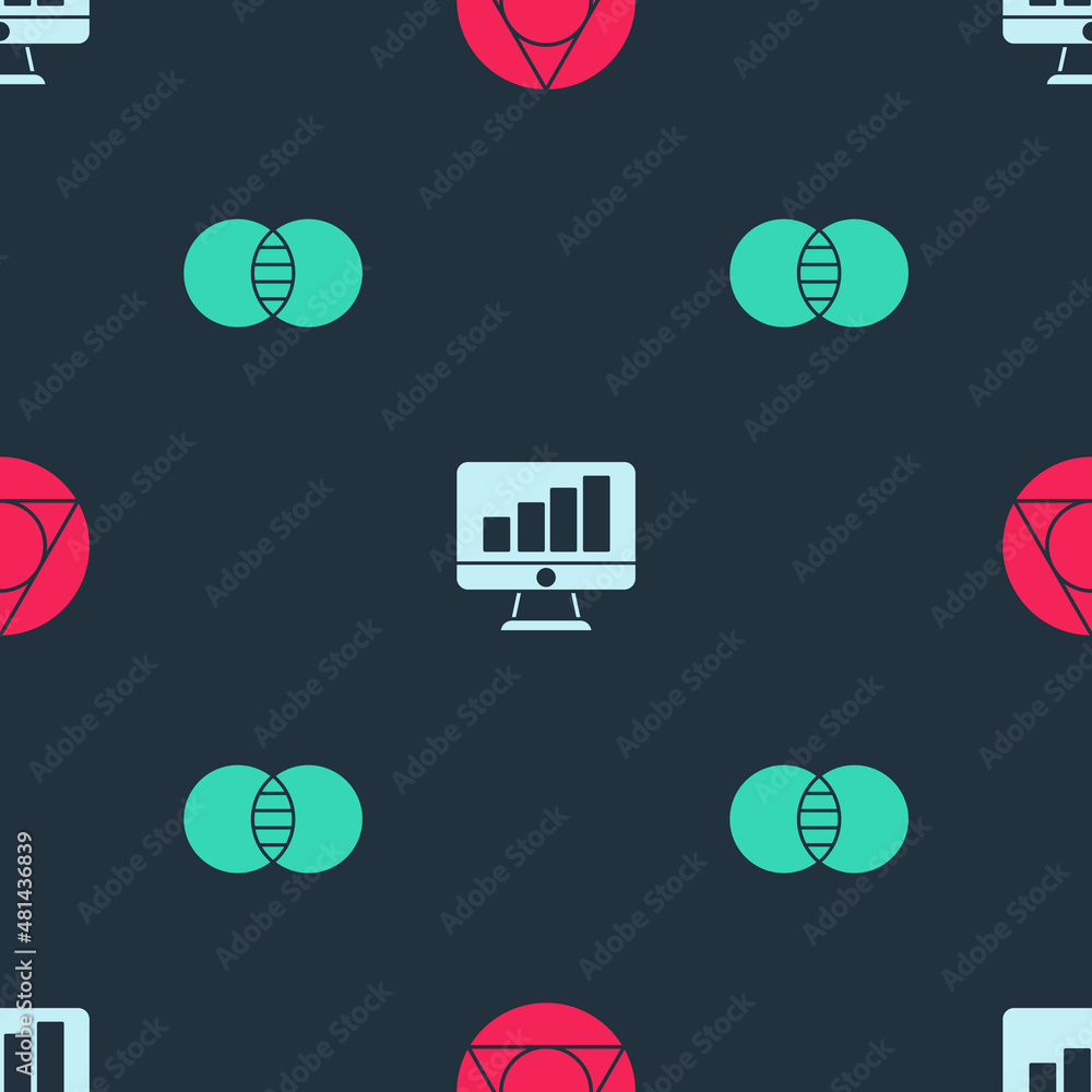 Poster set triangle math, computer monitor with graph chart and mathematics sets a and b on seamless patter