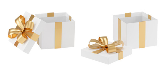 Open gift box set on white background. Christmas gift black, white and red box tied with gold ribbon. Birthday gift box on white background. Happy celebration present. Black firday week gift box set