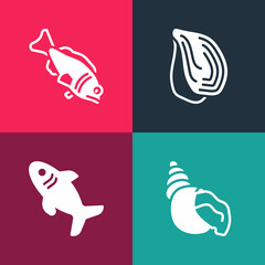 Set pop art Scallop sea shell, Shark, Mussel and Fish icon. Vector