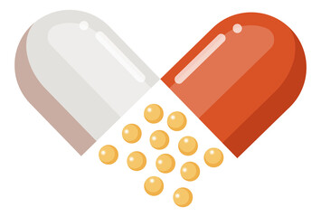 Medical pill. Open plastic capsule with drug granules