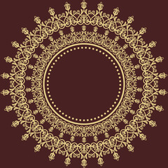 Oriental vector ornament with arabesques and floral elements. Traditional classic round golden ornament. Vintage pattern with arabesques