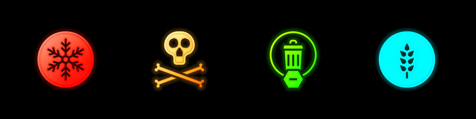 Set Snowflake, Bones and skull warning, Trash can and Wheat icon. Vector