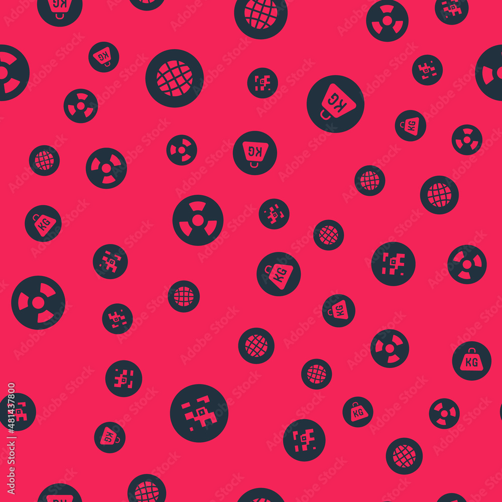 Poster set qr code, social network, radioactive and weight on seamless pattern. vector