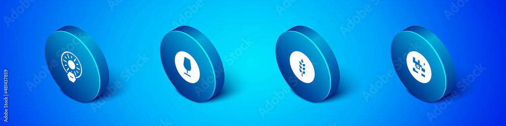 Poster set isometric no direct sunlight, wheat, qr code and fragile broken glass icon. vector