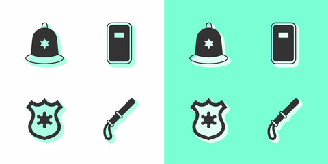 Set Police rubber baton, British police helmet, badge and assault shield icon. Vector
