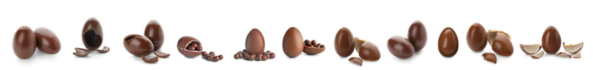 Sweet chocolate Easter eggs with candies on white background