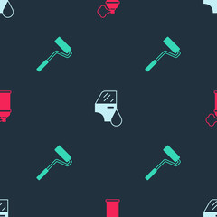 Set Paint spray can, Car painting and roller brush on seamless pattern. Vector
