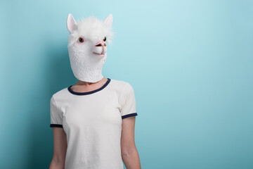 Young woman in alpaca mask, isolated on blue background with copy-space.