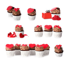 Tasty chocolate cupcakes for Valentine's day on white background